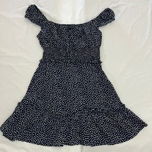 Womens Navy White Print Smocked Off Shoulder Ruffle Mini Dress Sz M Milkmaid